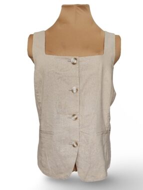 LC Lauren Conrad Linen Blend Vest Tie Back Button Front Beige Medium NWT